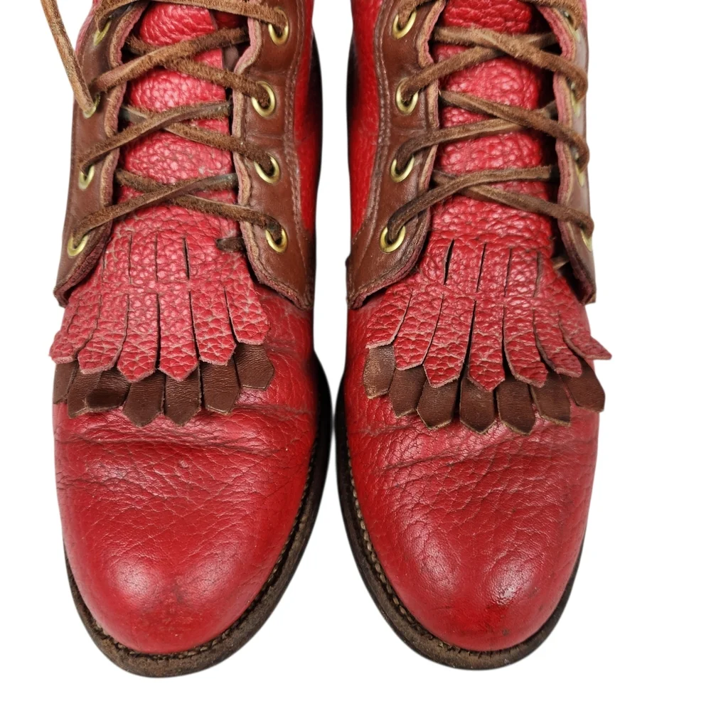 Justin Vintage Red Leather Brown Trim Lace Up Roper Western Boots Womens Size 6 - Picture 7 of 12